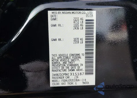 2019 Nissan Leaf Sl Plus z USA, uszkodzony, nr VIN 1N4BZ1CP9KC315187